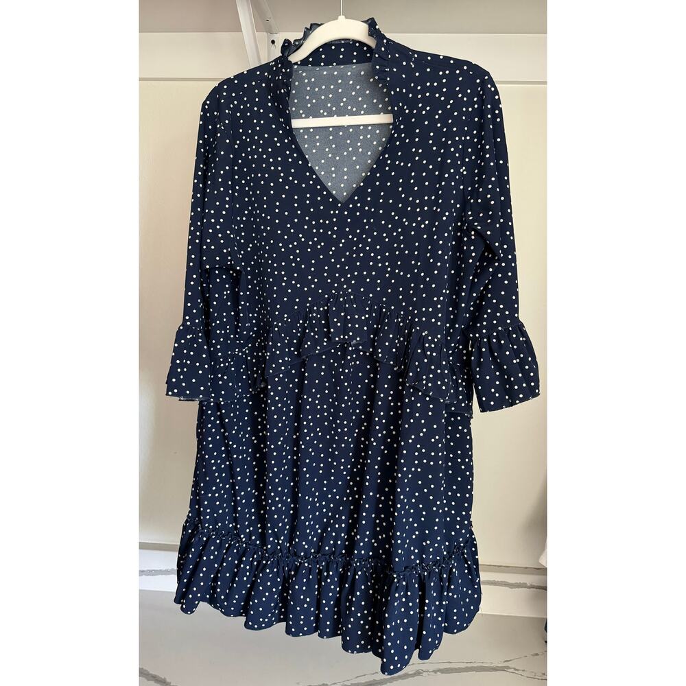 Navy Polka Dot Dress Size Large Women's‎ Oversize Ruffle